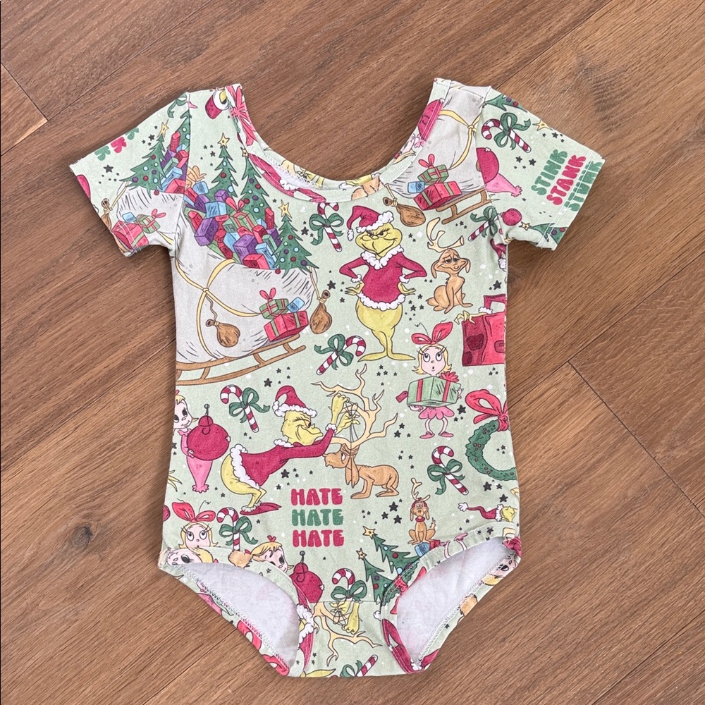 Wild Rich Kids Leotard. Sleeved Leo Gymnastics One Piece with Grinch Print
